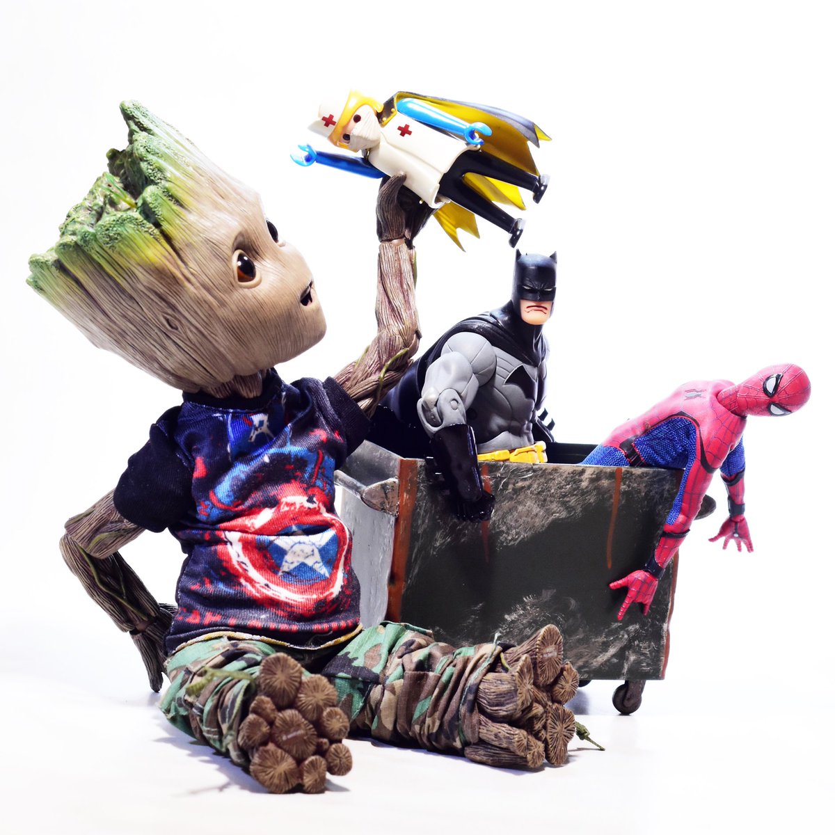 dazgarbo's tweet photo. My version of #Banksys #gamechanger artwork , a tribute to #nhs #staff #nurses and #doctors for #NursesWeek2020 #NursesDay2020 #InternationalNursesDay #InternationalNursesDay2020 #batman #spiderman #babygroot https://t.co/t32JcbY2hh