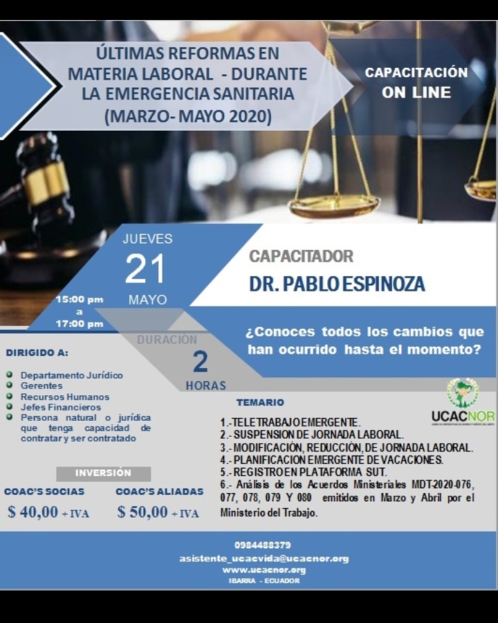 ucacnor's tweet photo. Capacitación ON LINE, con el tema ULTIMAS REFORMAS EN MATERIAL LABORAL-DURANTE LA EMERGENCIA SANITARIA (MARZO-MAYO 2020)👩‍💻👨‍💻🙋‍♀️🙋‍♂️ https://t.co/Z519cJBYXE