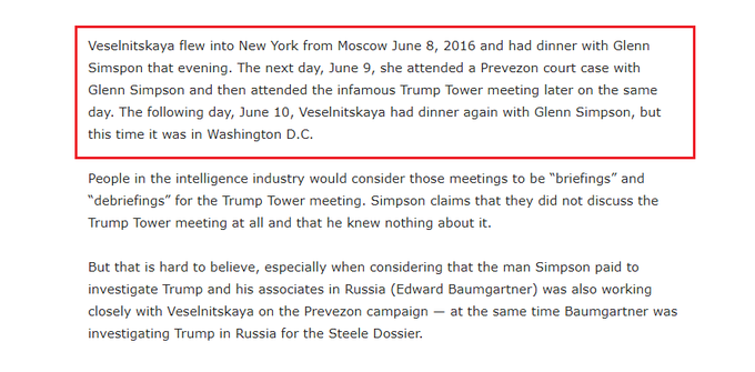 13) On June 9th, Russian attorney Natalya Veselnitskaya met with Don Jr, Jared Kushner and Paul Manafort.She also met with Democrat/Clinton operative Glen Simpson of Fusion GPS the day before, the day of, and the day after the Trump Tower meeting. http://suindependent.com/natalia-veselnitskaya-trump-tower-meeting-fusion-gps-glenn-simpson-steele-dossier/