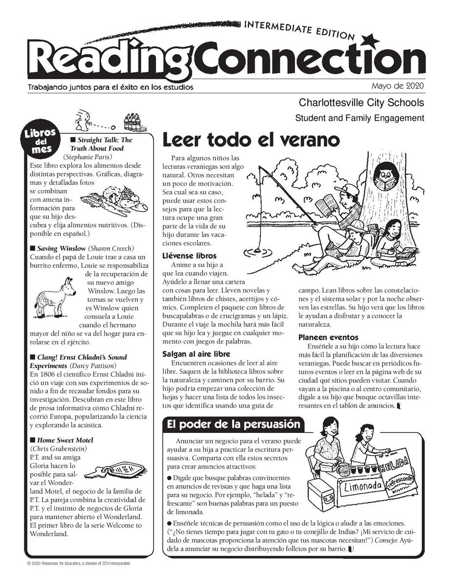 EngageFamCCS's tweet photo. Here's the intermediate version (3rd and 4th Grade) of May's Reading Connections in English and Spanish! @CvilleSchools #CCSSFE https://t.co/aeA8DVPiRp