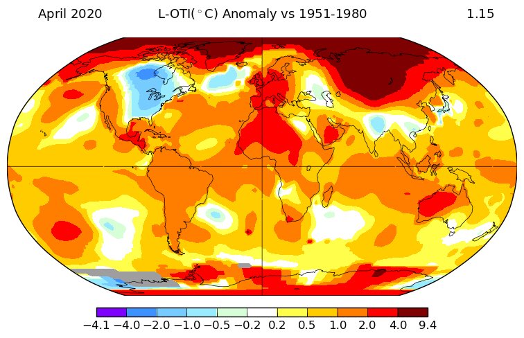 NASA: April was the warmest on record, globally: +1.16°C above the 1951-1980 normal, ahead of 2016 and 2019. Between 4 and 9.4°C(!) above normal in the Arctic and Central Russia. Very warm in Europe, North-Africa, Mexico, C-America, W-Australia. Cool in E-US and C-Canada.