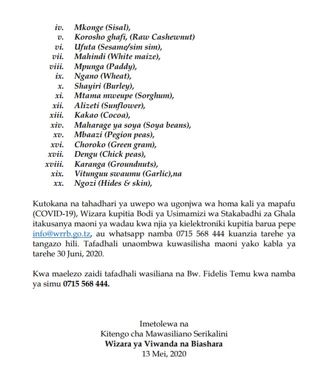 shambamedia's tweet image. Tangazo la mazao yanayotumia mfumo wa stakabadhi ghalani kutoka Wizara ya @ViwandaBiashara