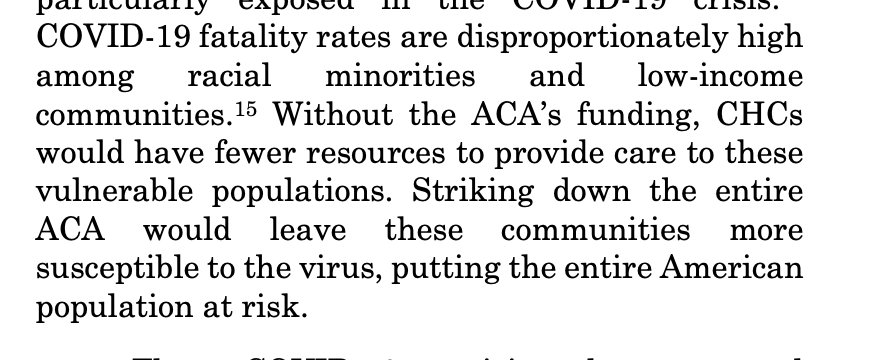 The brief by American Thoracic Society (respiratory specialists) devotes a whole section to the implications for coronavirus response. It notes the coronavirus' higher mortality rates for low income and PoC, given ACA's support for community health centers  https://www.supremecourt.gov/DocketPDF/19/19-840/143435/20200513135346832_19-840%20ATS%20ACA%20Amicus%20FINAL.pdf