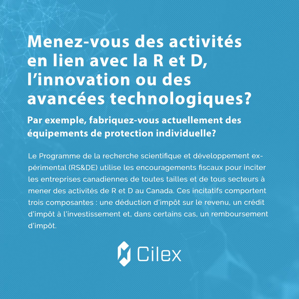 Si vous menez des activités en lien avec la R et D, l’innovation ou des avancées technologiques (fabrication de masques, par exemple), vous pourriez être admissible au Programme de la RS&amp;DE!

canada.ca/fr/agence-reve…