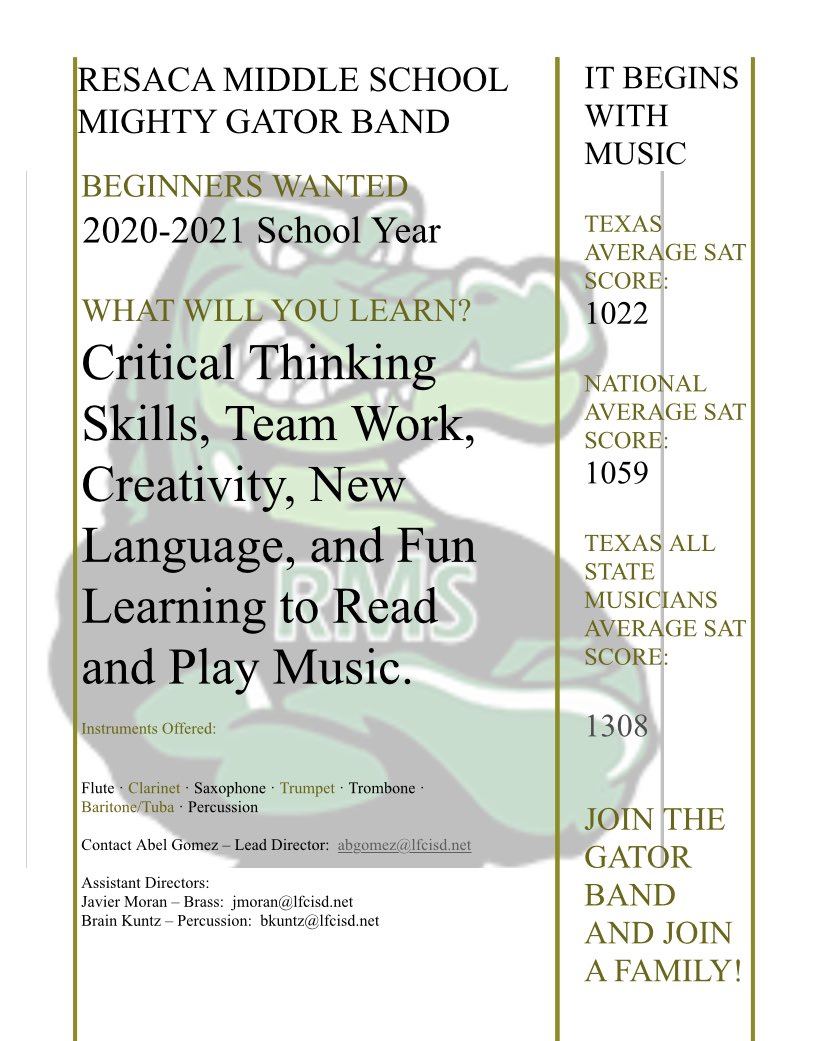 rmsgatorband's tweet photo. Join the Gator Band and make wonderful memories! @OES_Ocelots @RanchoVerdeElem @villarealhawks1 @losfresnosband @resaca_gators @LisaMBazan @Fernandez_Ana89 https://t.co/9cd8UImkW1