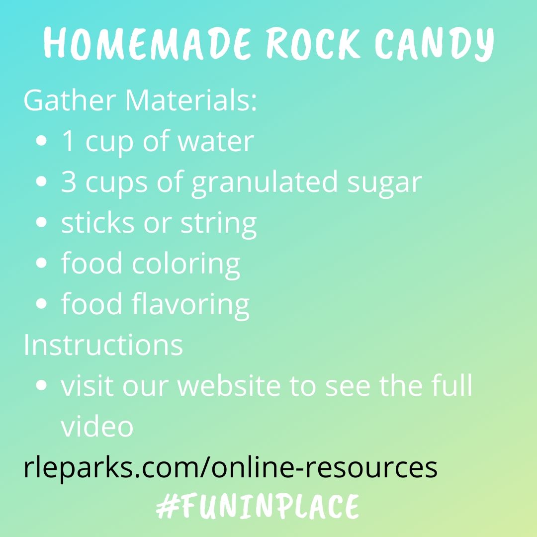 rleparks's tweet image. Looking for a fun and easy edible activity with common materials around the house? Show us your completed rock candy #funinplace #sip