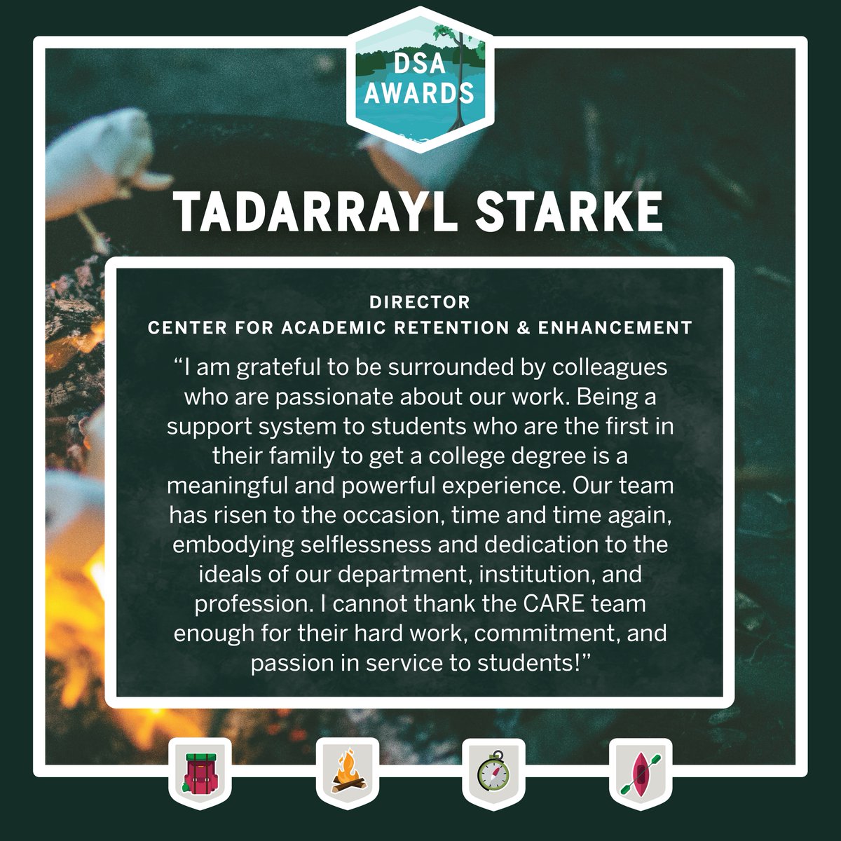 FSUDSA's tweet photo. Thank you Tadarrayl Starke for your kind words about your team at @CARE_FSU! We could not do this work without our #DSAwesome staff! https://t.co/lLpvp5GQIR