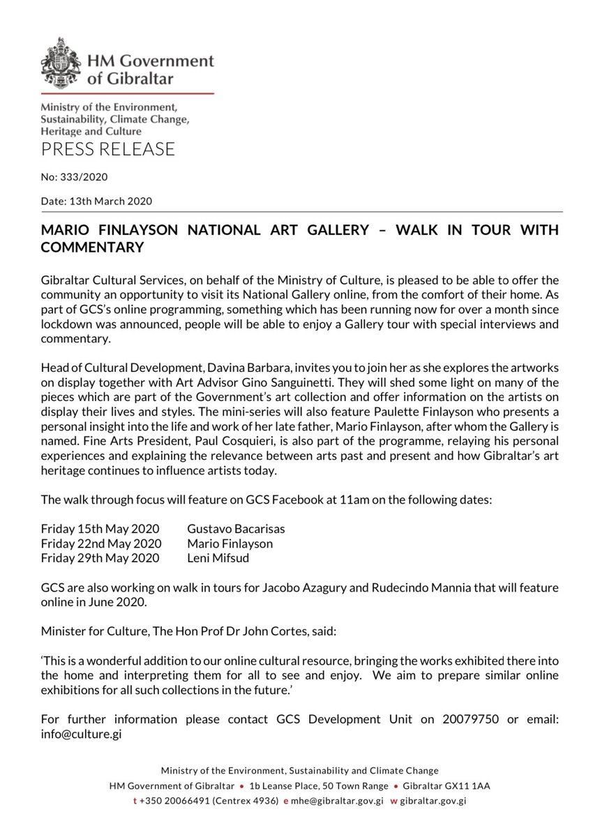 GibCulture's tweet photo. Mario Finlayson National Art Gallery - Walk In Tour.
Enjoy a Gallery tour with special interviews and commentary! See below Press Release for details.
https://t.co/BMYE7gTmI0
#culture #Gibraltar #gallery #walkintour https://t.co/wL05RxqOEy