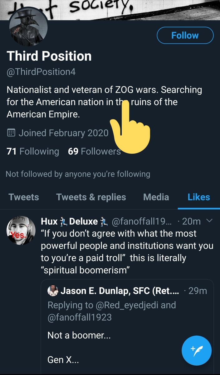 Notice the white nationalism nod in three bio  @ThirdPosition4 is definitely a cosplay "vet-bro"