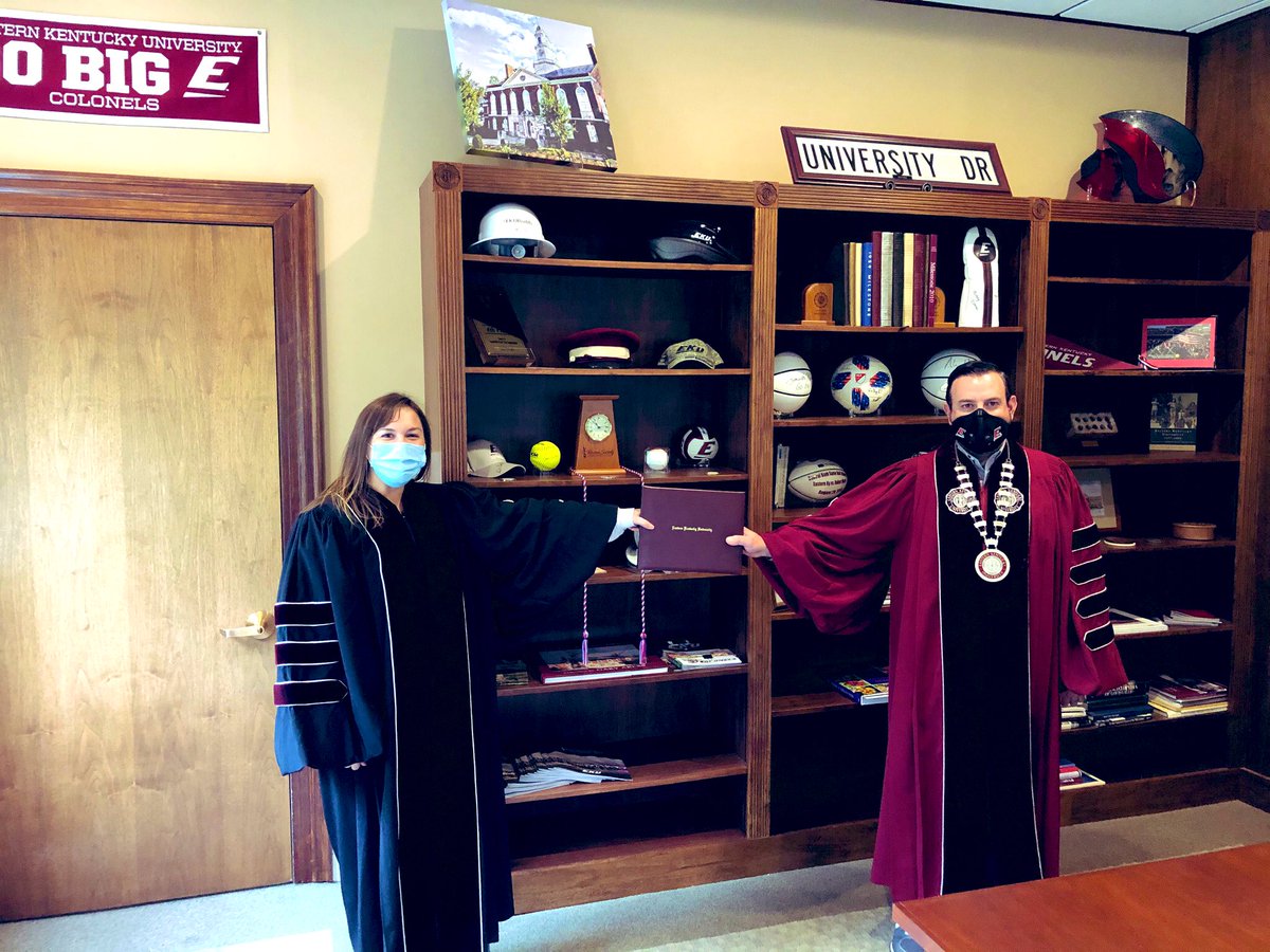 Since we can’t meet on the stage for #EKUGrad 2020, I was honored to make a socially distant diploma presentation to <a href="/EKUStudentPrez/">Jenna Grace Smith</a>! Congratulations Madison, thank you for representing <a href="/EKU_SGA/">EKU SGA</a> so well. Looking forward to congratulating all #EKU graduates virtually on  Saturday.