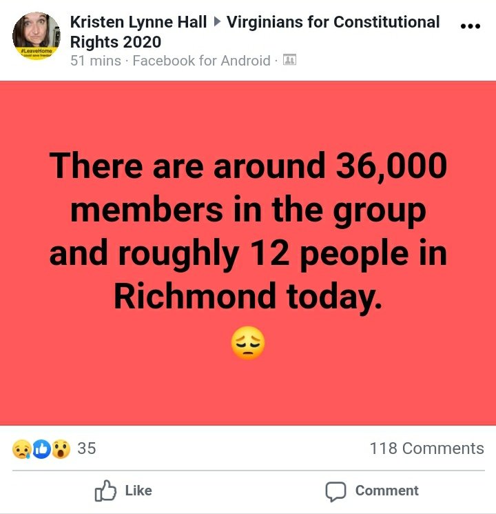 Meanwhile on Confederate Facebook. The founder of the group page for Reopen Virginia is not happy with the turnout.