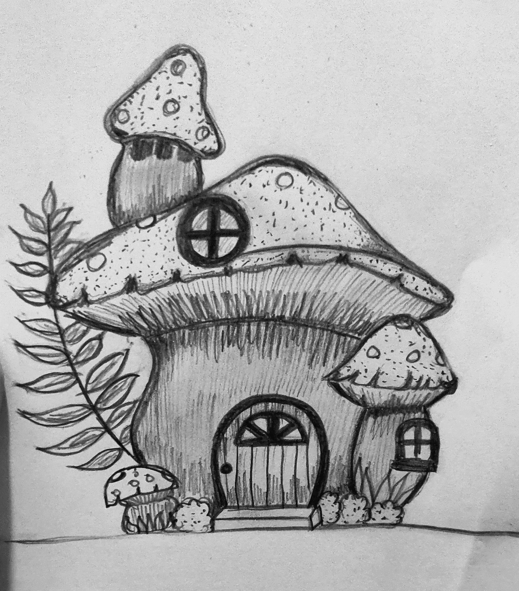 Hobbit Style White Mushroom House Coloring Page Pencil Drawing · Creative  Fabrica