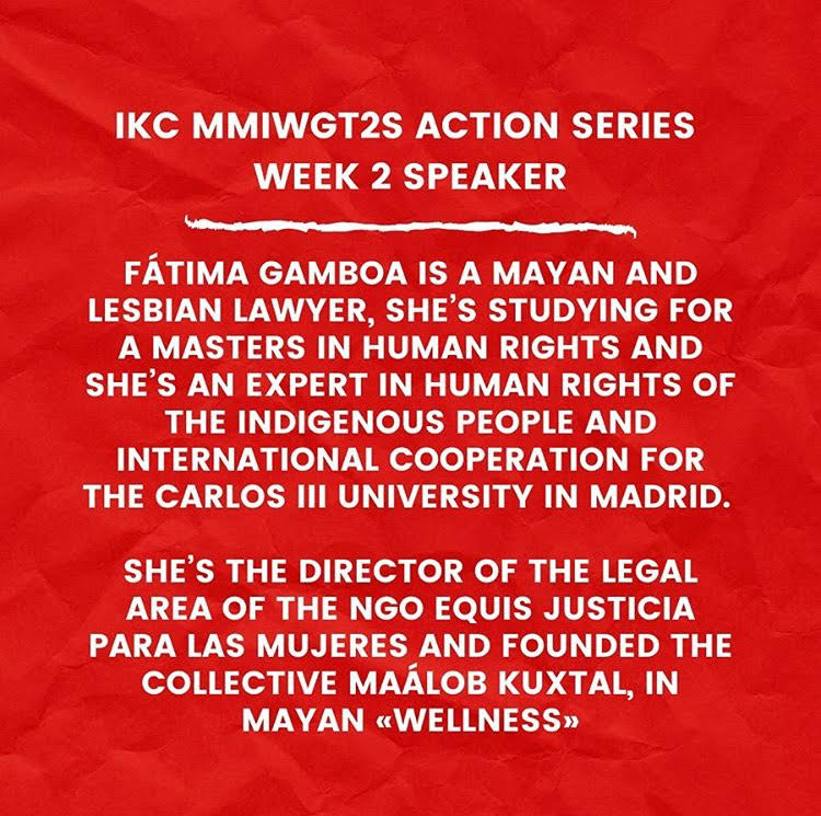 We are honored to announce this Wednesday’s guest speaker Fatima Gamboa! Please join us via Zoom this Wednesday (5/13) at 7PM EST for the second event in May Action Series on #MMIWGT2S. Link in bio.