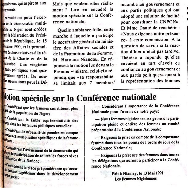 18. Voila un extrait de la declaration des femmes lue par Mme Bayard,"Nous femmes nigériennes, exigeons une participation pleine et entière des femmes au comité préparatoire à la Conférence Nationale"©Archives Nationales du  #Niger, extrait par moi-même