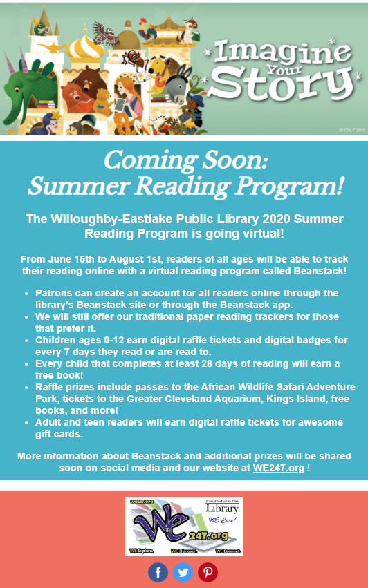 We may not be open yet but Summer Reading Program IS going to happen and we are so excited! Our new virtual program will run from June 1st-August 15th. More details on how to sign up will be coming soon!