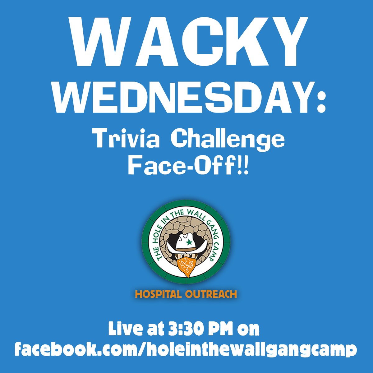 holewallcamp's tweet photo. Be sure to join us live on Facebook today at 3:30 for Wacky Wednesday. You don't want to miss Hole in the Wall face off against our arch-rival - Camp Running Deer! Who will win??? https://t.co/4xBqAlHTaK