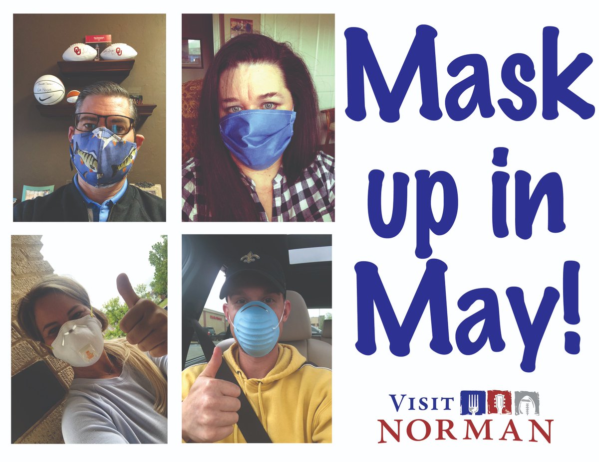 VisitNorman's tweet image. We ❤ @cityofnormanok's  #MaskUpInMay campaign! Residents caught #MaskedUpinMay and practicing social distancing in public spaces could receive a free entrée at Chick-Fil-A, $2 off a snow cone at Eskimo Sno or a day at the Westwood Family Aquatics Center when it opens.