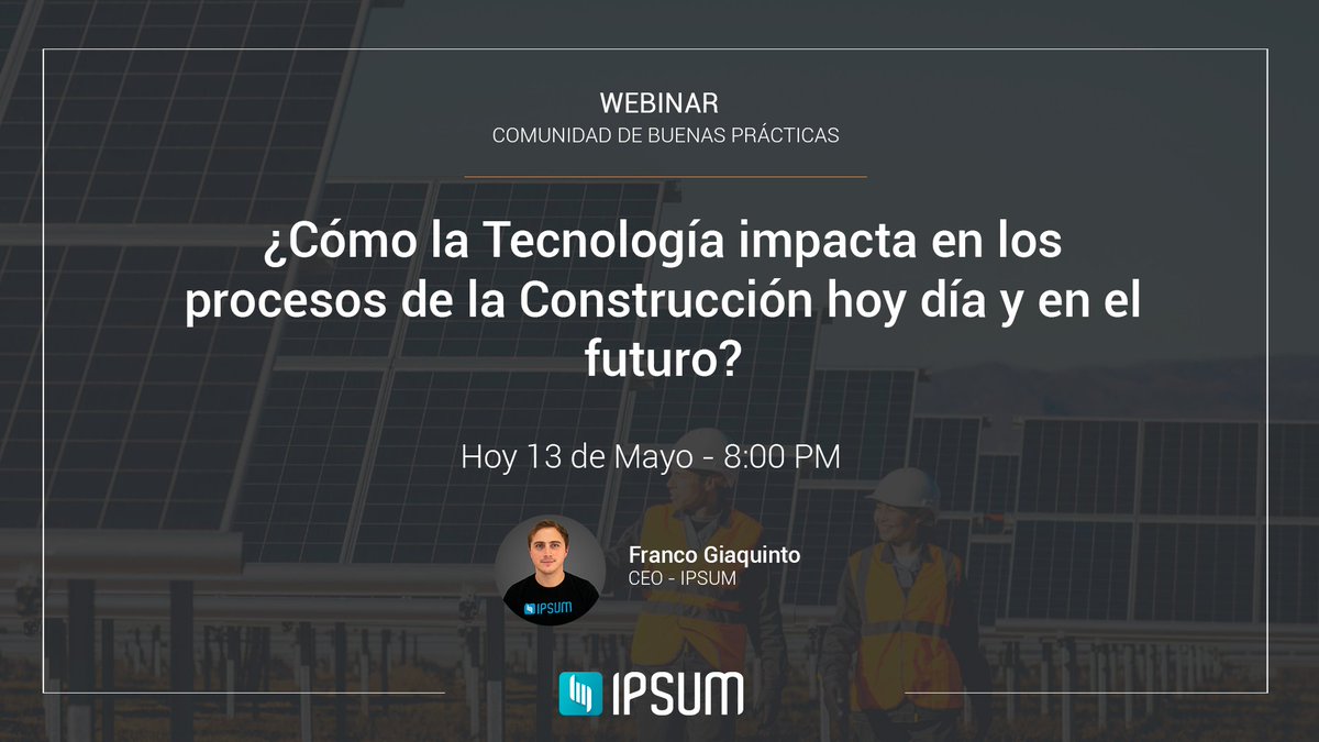 ¡Quedan pocas horas para el  Webinar de Comunidad de Buenas Practicas!
El Webinar se llevará a cabo hoy 13 de mayo a las 8:00Pm de Perú
para participar sólo tienes que hacer click aquí: hubs.ly/H0qv4XT0
#IPSUM #ProPlanner #Webinar