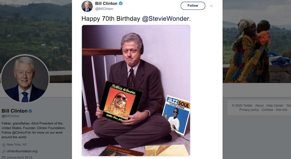 Bill Clinton uses viral meme of himself to wish Stevie Wonder a happy birthday  