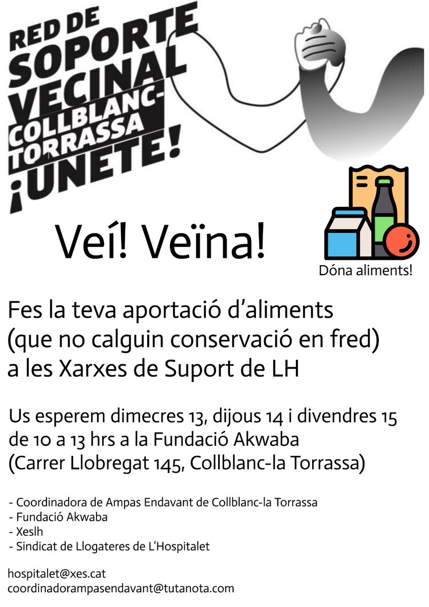 grouchomora's tweet photo. Por si alguien le interesa esta información. Hace referencia a la recogida de alimentos en el barrio de Collblanc-Torrassa de L'Hospitalet de Llobregat.
#coronavirus #COVID19 #recogidaAlimentos #LHospitalet https://t.co/FFgVRc95mk