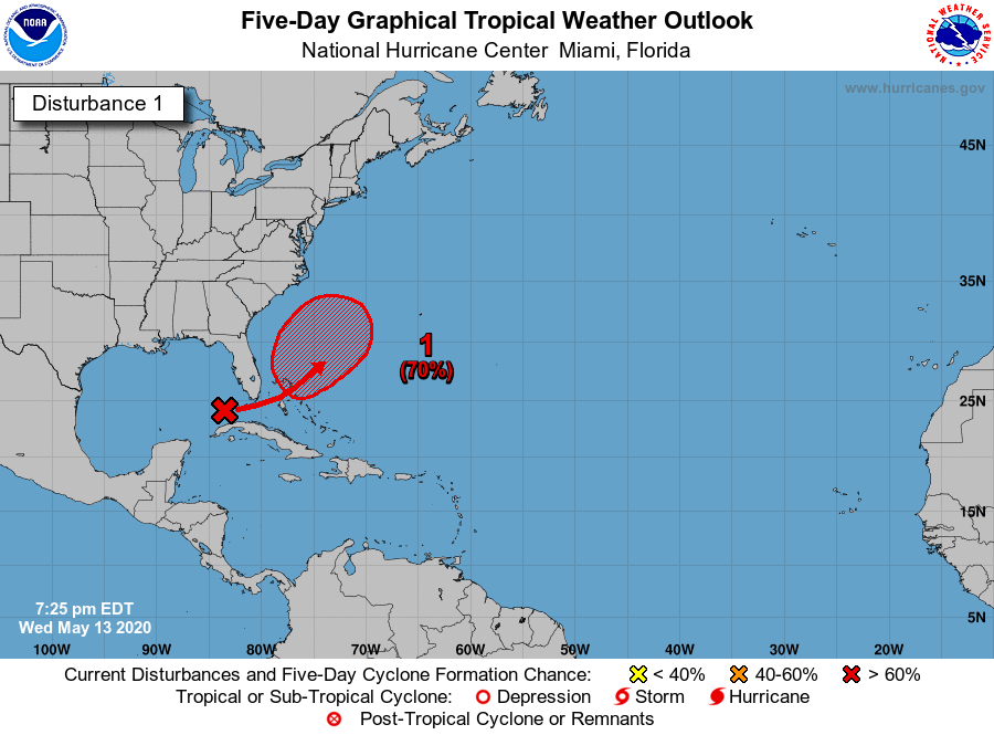 NHC_Atlantic's tweet photo. An area of low pressure is expected to form near the Bahamas in a couple of days, and it has a high chance of becoming a subtropical depression or storm this weekend while it moves northeastward over the western Atlantic.  Visit https://t.co/tW4KeFW0gB for details. https://t.co/9VgXbBaZib