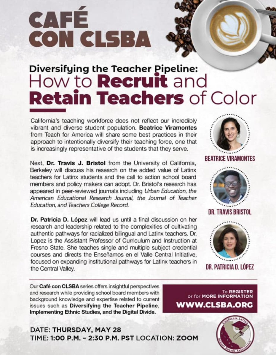 Travis J. Bristol (@travisjbristol) on Twitter photo Looking fwd to conversation w/ .@clsba & fellow #California school leaders. I’ll be presenting on a recent publication, a research synthesis “added value” of #Latinx teachers for #Latinx students ->journals.sagepub.com/doi/10.1177/23… <a href="/xicanasoul/">Patricia D. López, Ph.D.</a>
.<a href="/CSBA_Now/">CSBA</a> .<a href="/CADeptEd/">CA Department of Education</a> .@BerkeleyGse Looking fwd to conversation w/ .@clsba & fellow #California school leaders. I’ll be presenting on a recent publication, a research synthesis “added value” of #Latinx teachers for #Latinx students ->journals.sagepub.com/doi/10.1177/23… <a href="/xicanasoul/">Patricia D. López, Ph.D.</a>
.<a href="/CSBA_Now/">CSBA</a> .<a href="/CADeptEd/">CA Department of Education</a> .@BerkeleyGse