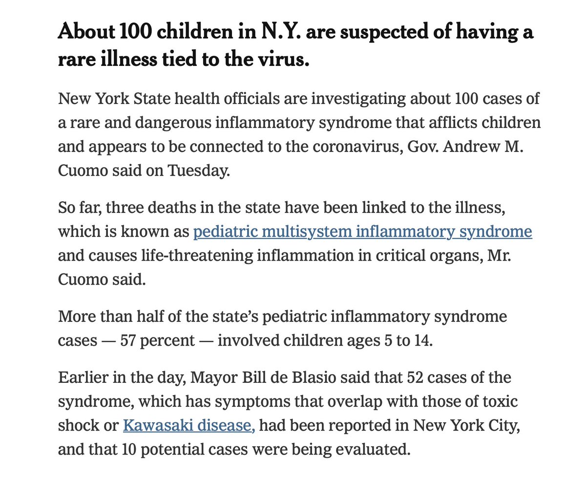 One week ago (May 6) there were 15 reported cases of children with Kawasaki-like disease in New York City.Yesterday 52 in NYC and ~100 in New York State https://www.nytimes.com/2020/05/12/nyregion/coronavirus-new-york-update.html https://twitter.com/EricTopol/status/1260273582891921408