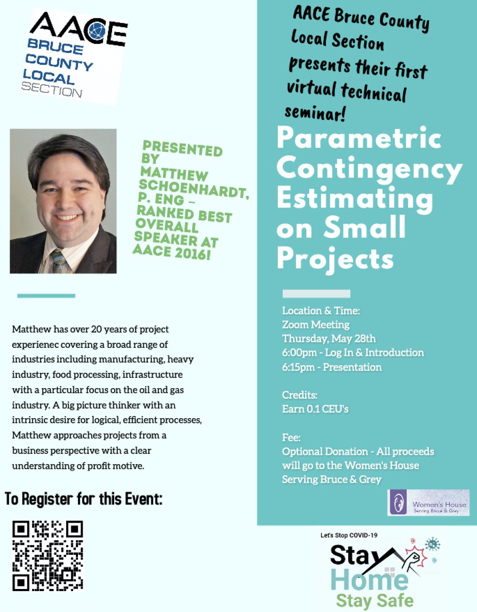 AaceBruce's tweet photo. The AACE Bruce County Local Section is happy to announce our first virtual technical seminar of 2020! We will have a special guest speaker joining us to present the topic of Parametric Contingency Estimating on Small Projects. This event will be held on Thursday, May 28th! https://t.co/uluhEMfjCw