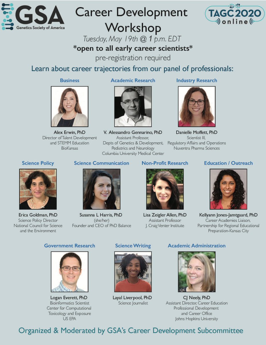 Did you know your #PhD can land you a job in #GovResearch #PhDsInIndustry #SciComm #SciPol #SciEdu #BenchToBusiness & so much more? To find out, tune in to @GeneticsGSA #TAGC20 #CareerDev workshop & listen to our awesome panelists! More details here: bit.ly/34GJ5cI