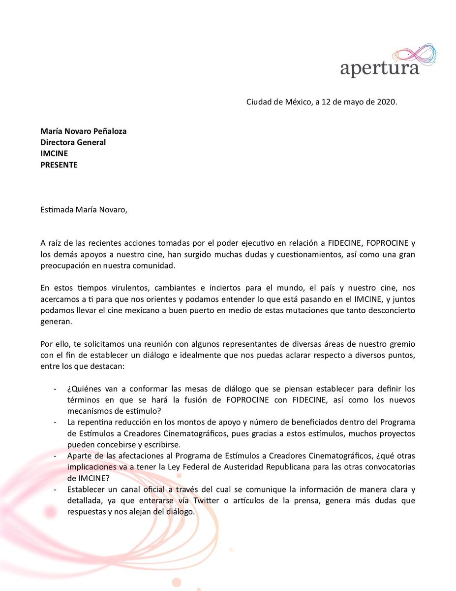 AmannXimena's tweet photo. @maria_novaro @natsberistain @imcine Soy Ximena Amann soy parte de una asociación de cinefotógrafas  llamada APERTURA. Esta es nuestra petición y  queremos formar parte del grupo que se organize por favor. @maria_novaro @imcine @natsberistain https://t.co/7jCFxzQzTN