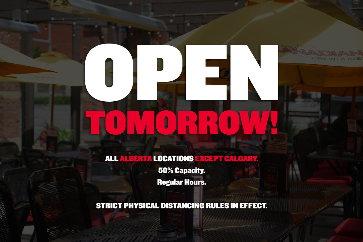 TheCDNBrewhouse's tweet image. YES! You heard correctly! We are opening all our #Alberta locations (except Calgary) back up tomorrow at 50% capacity! 🍻🍻

Strict physical distancing rules will be in effect. Regular hours. Open 7-days per week!

#AB #opening #ourhouseisyourhouse #reopening