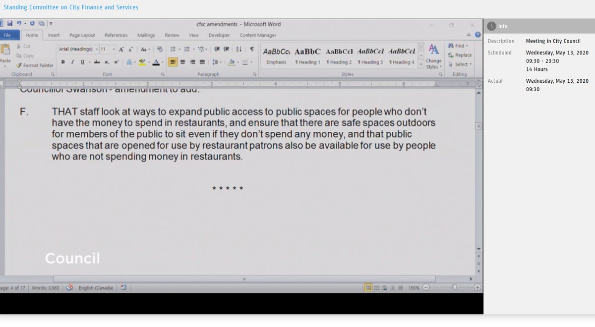 Ok we're back and working through amendments to the patio motion. Swanson proposes this one. I definitely support the idea of free public space being available for all, but I gotta wonder how many restaurants will want to run a patio if they have to be open to non-customers...