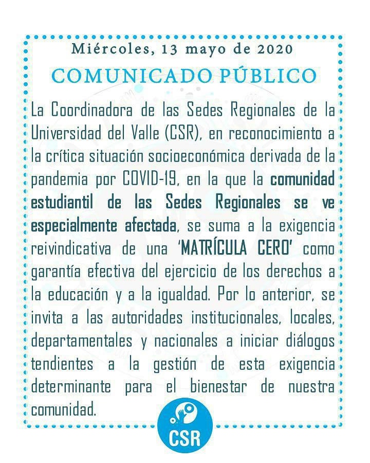 ElUnivalluno's tweet photo. Comunicado de la Coordinadora de las Sedes Regionales

Matrícula cero: El gobierno nacional o la gobernación  subsidiarían toda la matrícula  de la universidad.

#univalle #univallepal #univallepalmira https://t.co/K1STFwUZEt