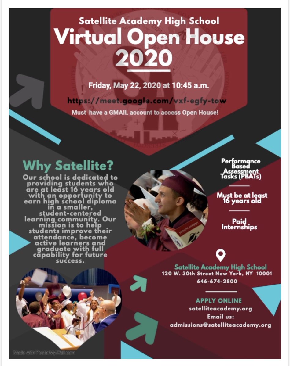 Satellite Academy H.S. are hosting their Virtual Open House on Friday, May 22nd! #nycdoe #access #citywide #transferhighschools #championsforchildren #manhattan #nyc