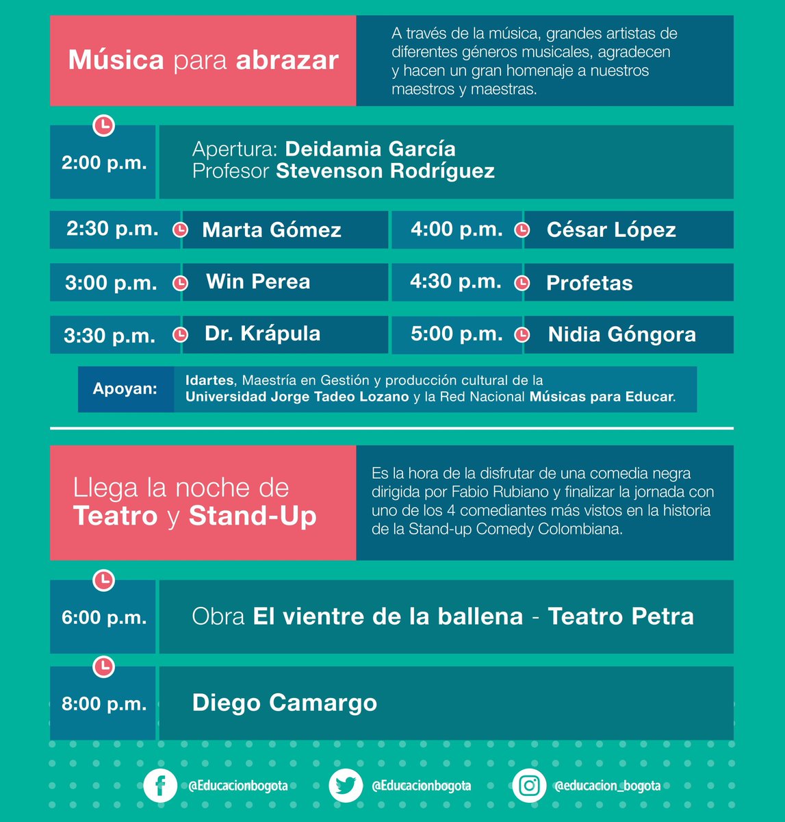 Educacionbogota's tweet photo. 🔹Tenemos preparada una gran jornada de música, teatro y humor para que juntos celebremos el Día de los Maestros y Maestras. Aquí te dejamos toda la programación para que te vayas agendando 👇 #MiProfeMiHéroe https://t.co/ILVLYKsQk6
