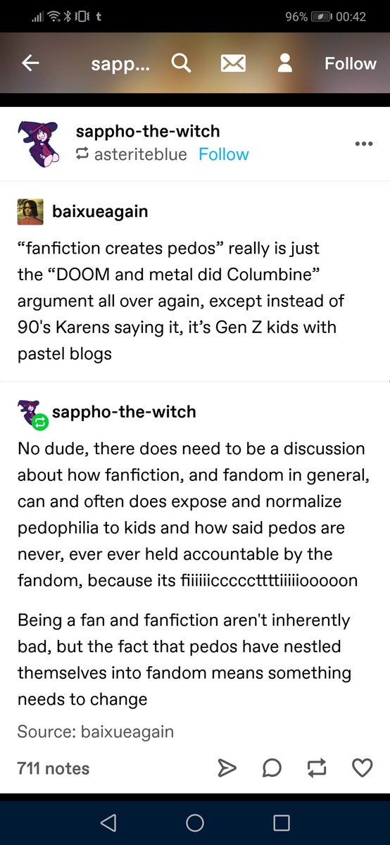Ground zero for radfem interaction is sappho-the-witch, who immediately begins ranting about fanfiction "normalising" pedophilia and the many pedos "hiding" in fandom