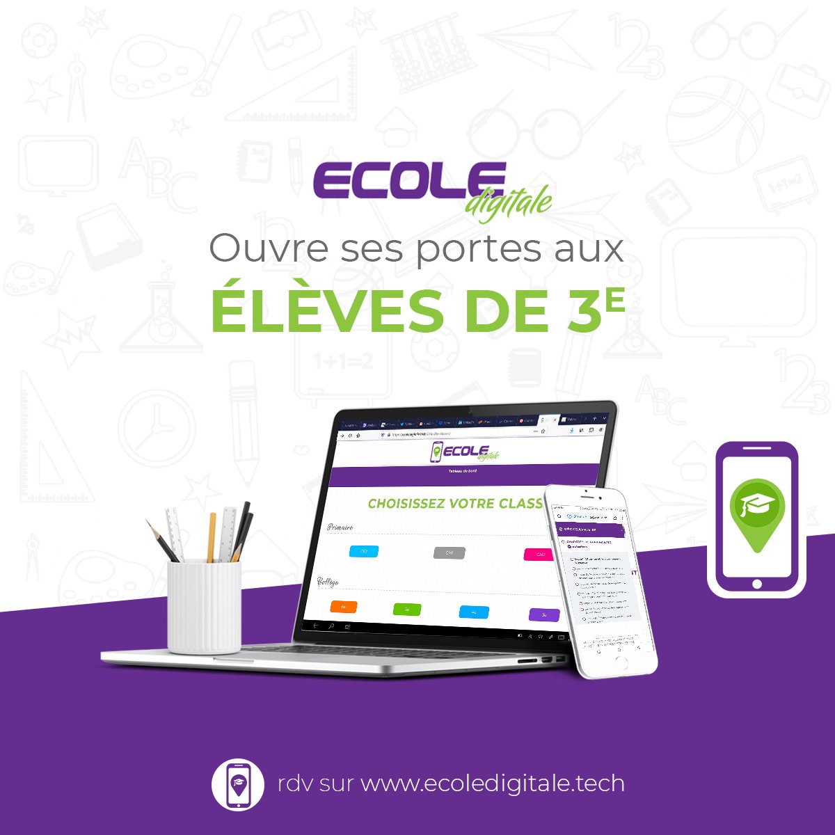 ecole_digitale's tweet photo. Ça y est ! École Digitale est enfin ouverte aux élèves de 3e ! Allez sereinement à la conquête de votre BEPC grâce aux cours, exercices, évaluations et conseils de profs gratuitement disponibles sur École Digitale. L'inscription c'est par là https://t.co/D2JHMSUq8W https://t.co/CucSWYnodm