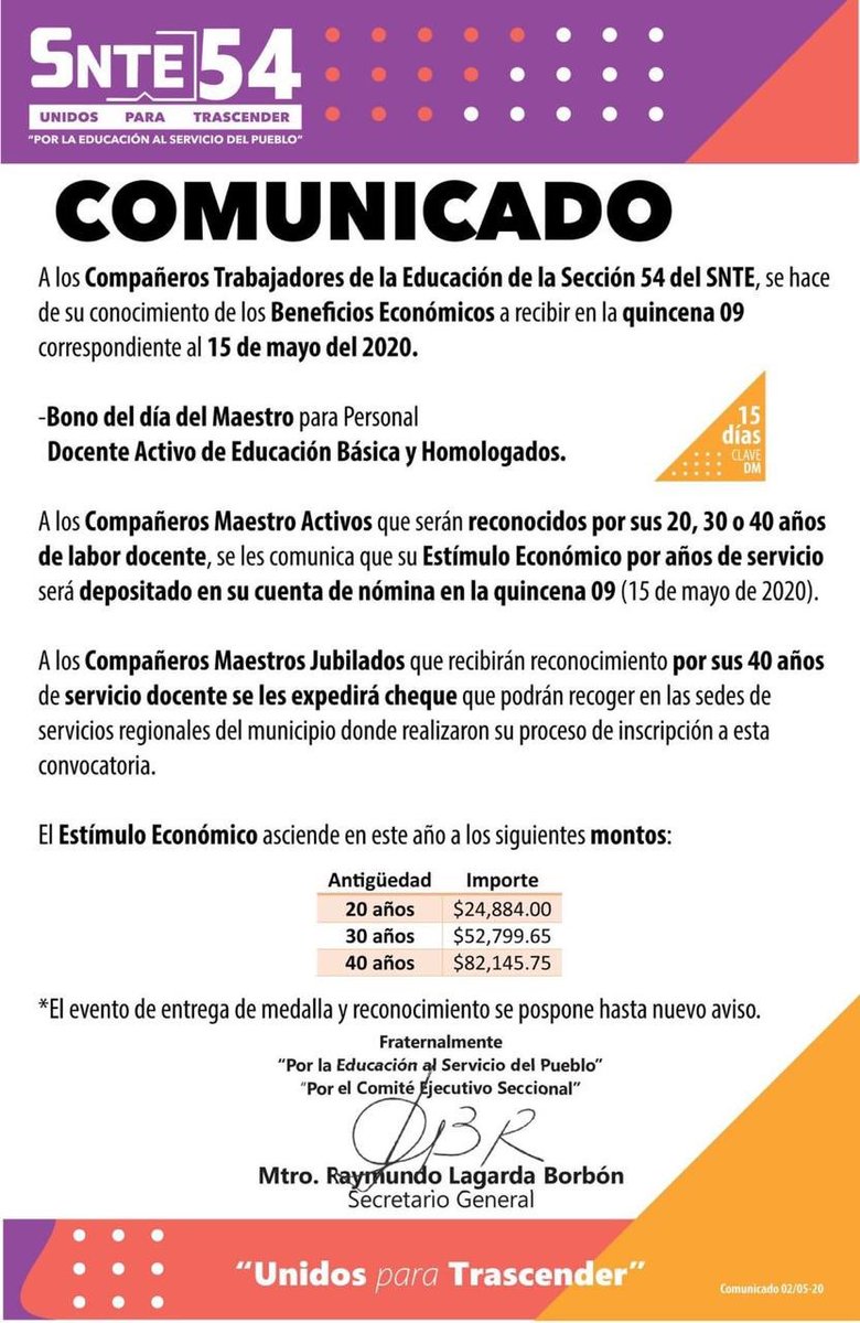 LiizbeethMendez's tweet photo. #COMUNICADO

A los Compañeros Trabajadores de la Educación agremiados a la Sección 54 del SNTE, se les extiende el presente comunicado, sobre los beneficios económicos a recibir en la quincena 09 (15 de mayo de 2020).

#AccionesQueTrascienden
#UnidosParaTrascender https://t.co/SouHYM5Xhr