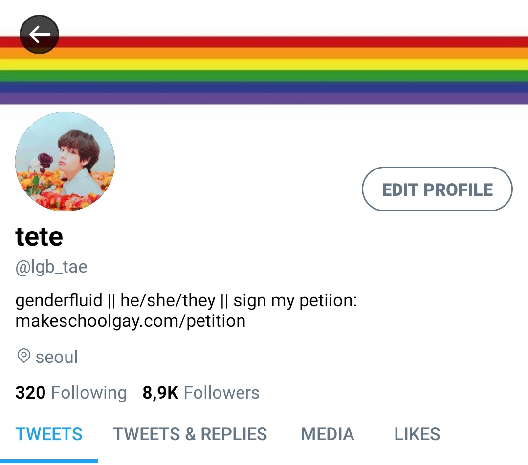 Kim Taehyung | Taetae genderfluid, pronouns shift during the story keeps petitioning for an LGBT club, but thus far unsuccessful 1st year high school Friends with Hoseok, Jimin, Namjoon, and Seokjin