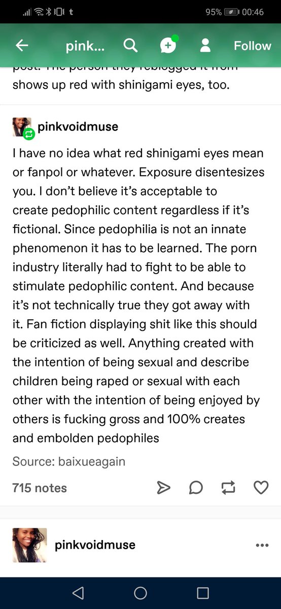 Pinkvoidmuse has since responded to a few of my comments. Note that despite claiming not to know about antis and fanpol, she still applies radfem arguments about pornography to fic, resulting in posts identical to that of antis/fanpol.