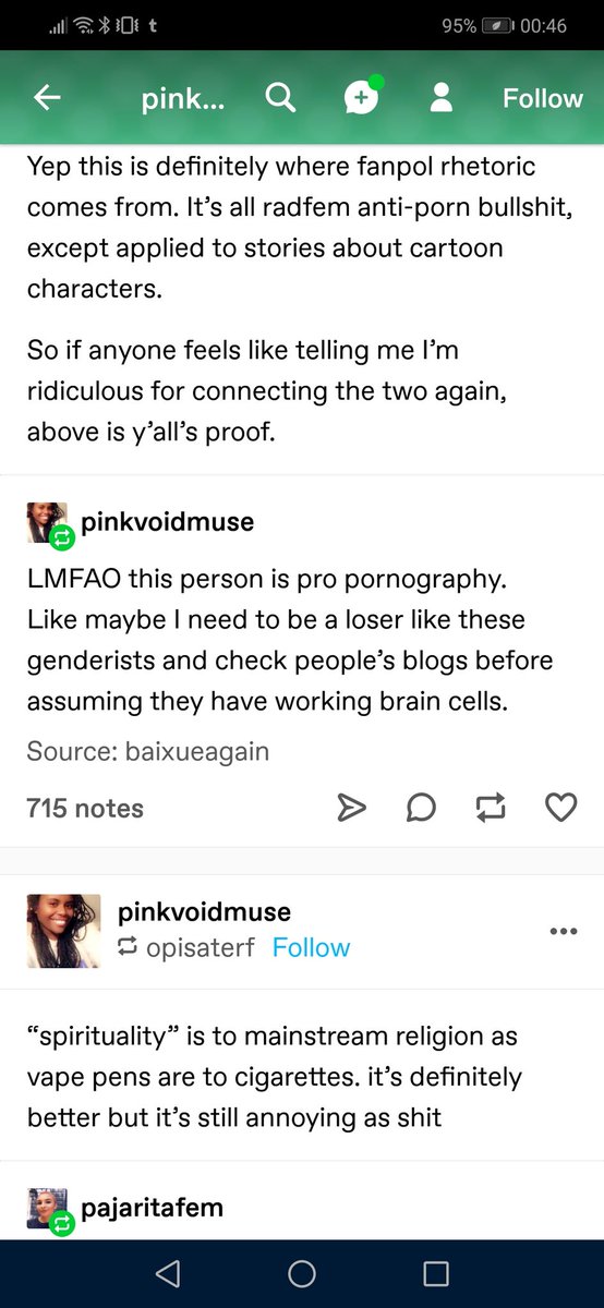 Pinkvoidmuse has since responded to a few of my comments. Note that despite claiming not to know about antis and fanpol, she still applies radfem arguments about pornography to fic, resulting in posts identical to that of antis/fanpol.