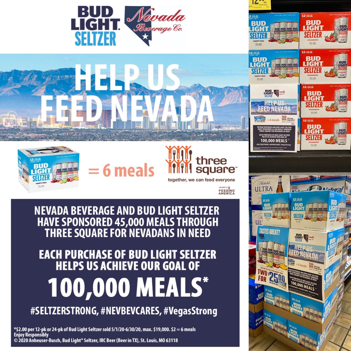 NevBeverage's tweet photo. Buying the already delicious @BudLight Seltzer just got even better. Thank you @threesquarelv and @anheuserbusch for working with us on a great program that gives back to our local #Vegas families in need. ❤️ #SeltzerStrong #NevBevCares #NevBevStrong #NevBevFamily #Anheuserbusch https://t.co/oPChpa2CmU