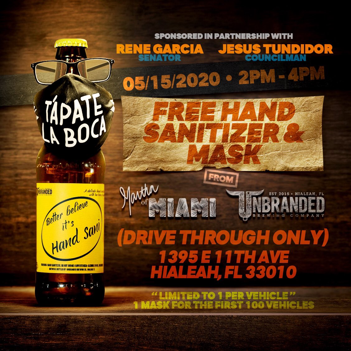 Back at it again, in our community @cityofhialeah for another FREE hand sanitizer drive-thru distribution in collaboration with @jesustundi @UnbrandedBrew This time we added a little extra, some masks from @MarthaOfMiami BIG THANKS! #Hialeah 👇🏼DETAILS BELOW