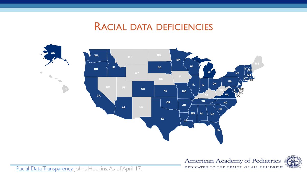 Currently, only 26 states (in blue) are reporting COVID19 deaths by race and ethnicity. That means we have yet to appreciate the *full* scope of potential racial health inequities related to COVID19, as data remains unavailable for certain counties, states, and populations.