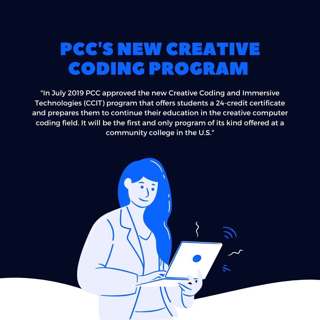 pccTheBridge's tweet photo. PCC's creative coding program seeks to provide students with tools to enter a new, growing field. Full article on our site! https://t.co/ct4kiL6z5n https://t.co/moz3OxRvUT
