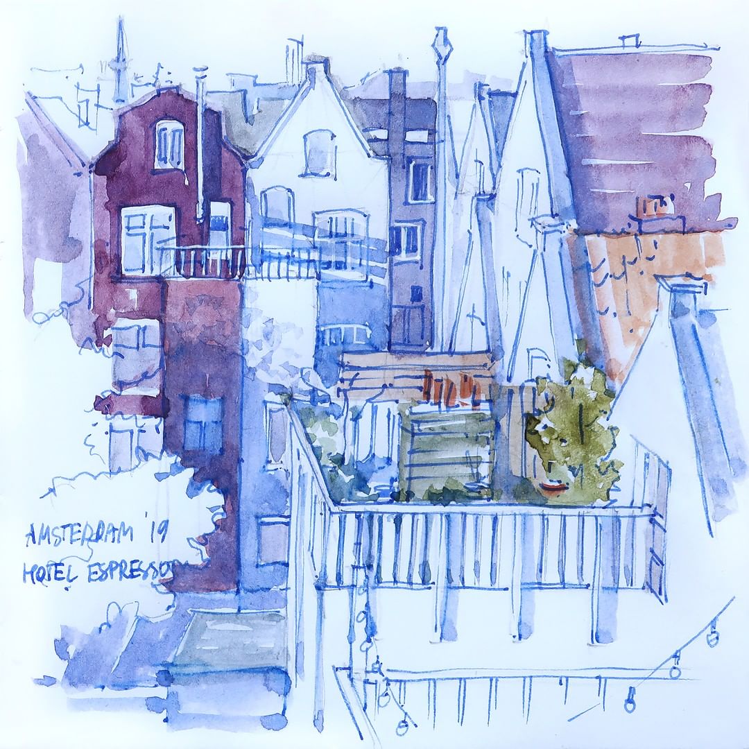 View from Hotel Espresso in Amsterdam 💙⁠
#uskathome #watercolour #urbansketching #акварельныйскетч #margashova #watercolorpainting #watercolor #illustration #aquarellepainting #architecturedrawing #usk #uskspain #uskmadrid  #sketchathome #amsterdamview #amsterdamlove