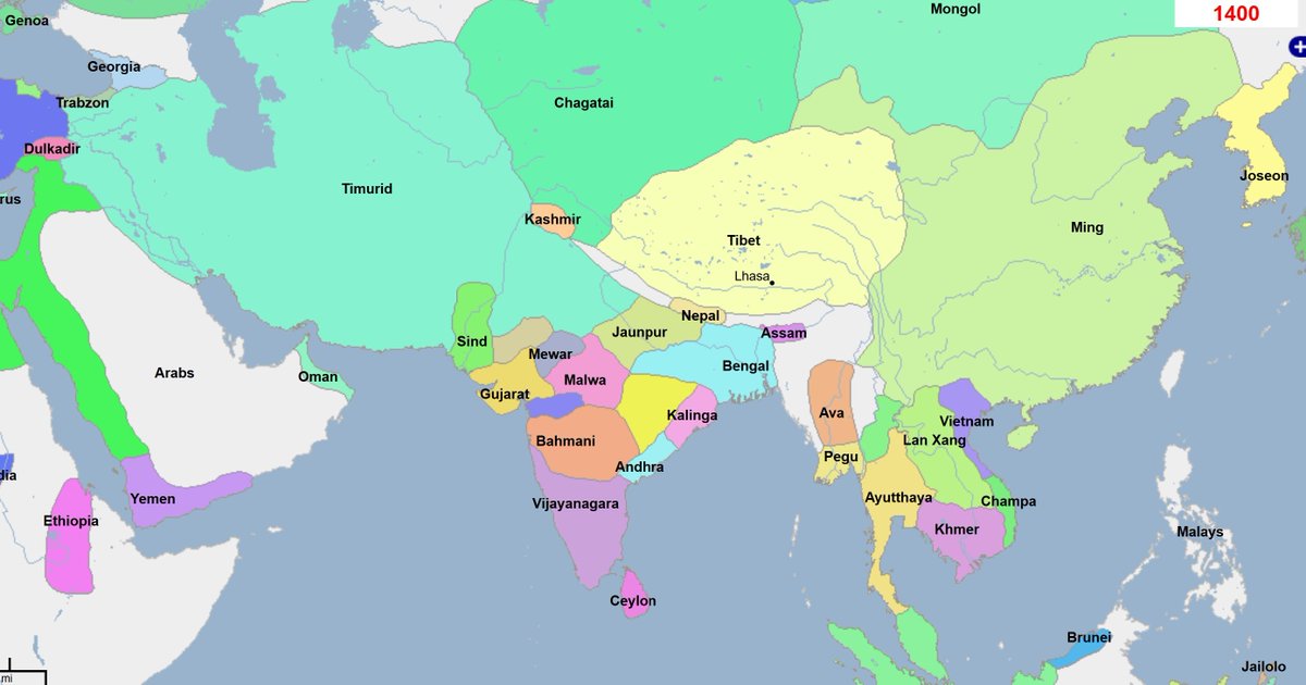 1400 ADTimurids rise up and start hammering east, north, south and west, while retaining their base of power in Persia and Central Asia. 15/24