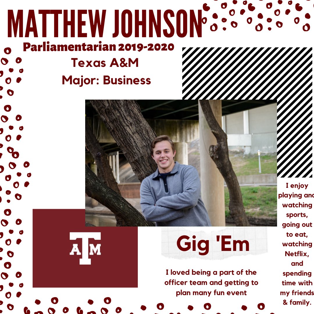 Here we have another Aggie, our Parliamentarian, Matthew Johnson. ¡Que tengas unas  buenas experiencias en A&amp;M! Gig ‘em! #GigEm