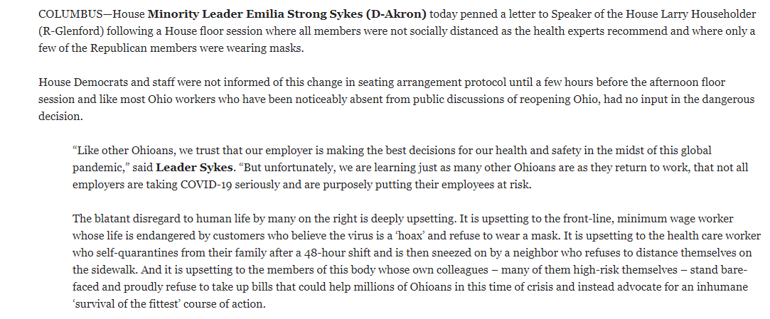 Ohio House Minority Leader  @EmiliaSykesOH with another scathing statement against Speaker  @HouseholderOH. The Democratic caucus is angry about the safety handling of today's session. "The blatant disregard to human life by many on the right is deeply upsetting."