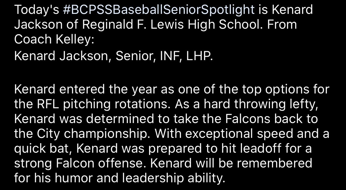BCPSSBaseball's tweet photo. The Alliance of Baltimore City Baseball Coaches have been highlighting and honoring seniors who are missing their final year of high school baseball due to COVID-19.

Today's #BCPSSBaseballSeniorSpotlight is Kenard Jackson of Reginald F. Lewis High School. From Coach Kelley: https://t.co/x3VzkscBV3
